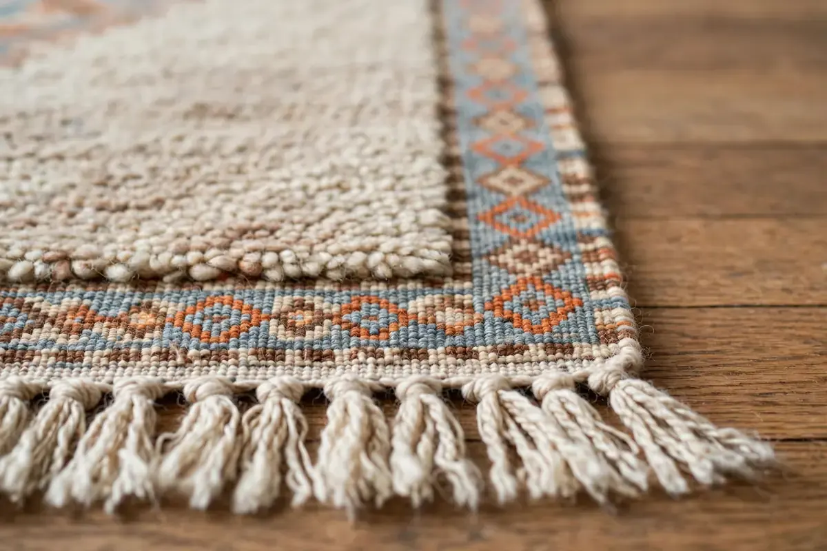 Close-up of a wool rug corner showing fringe, pile and patterned border
