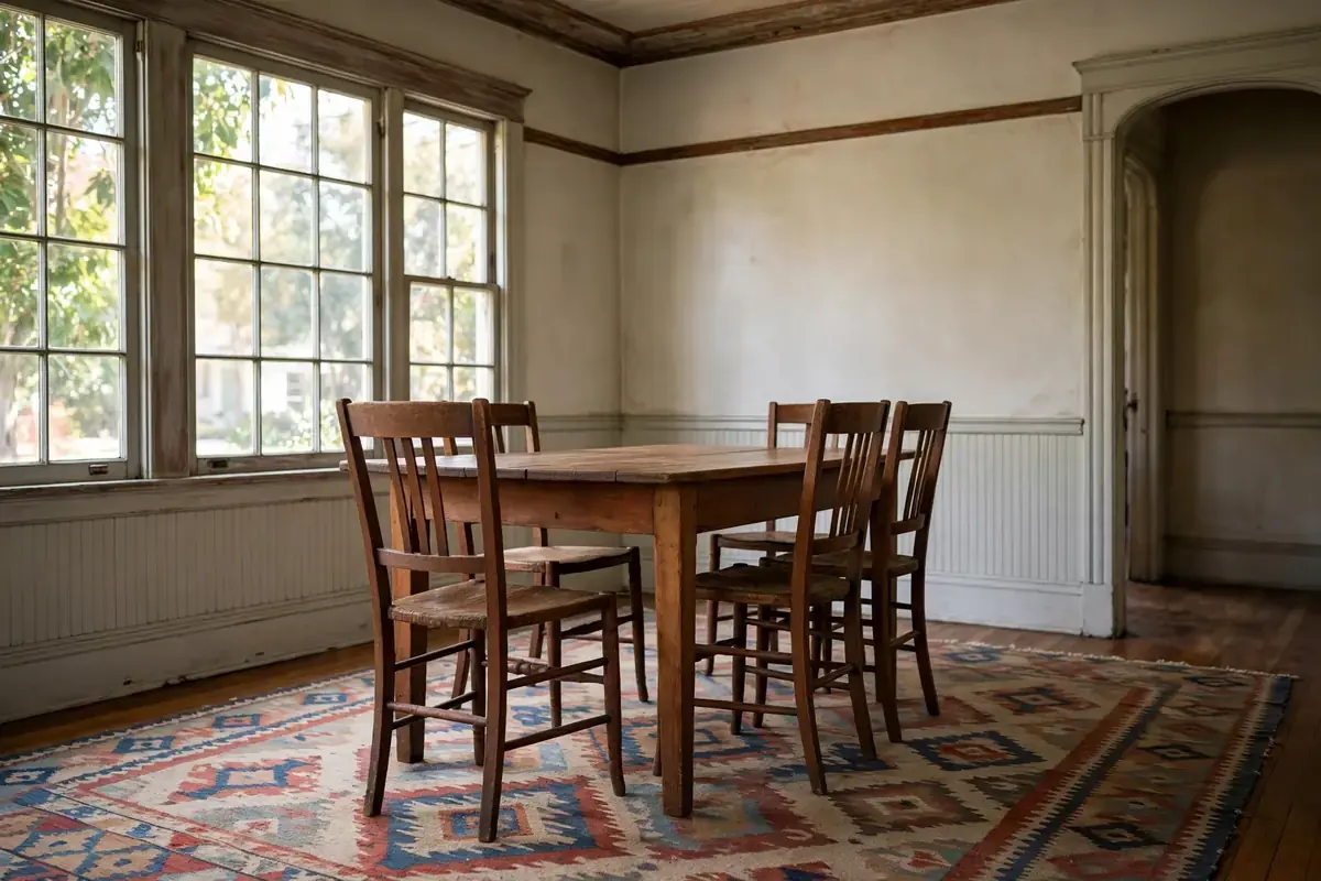 Dining room with a patterned wool rug under a table and chairs