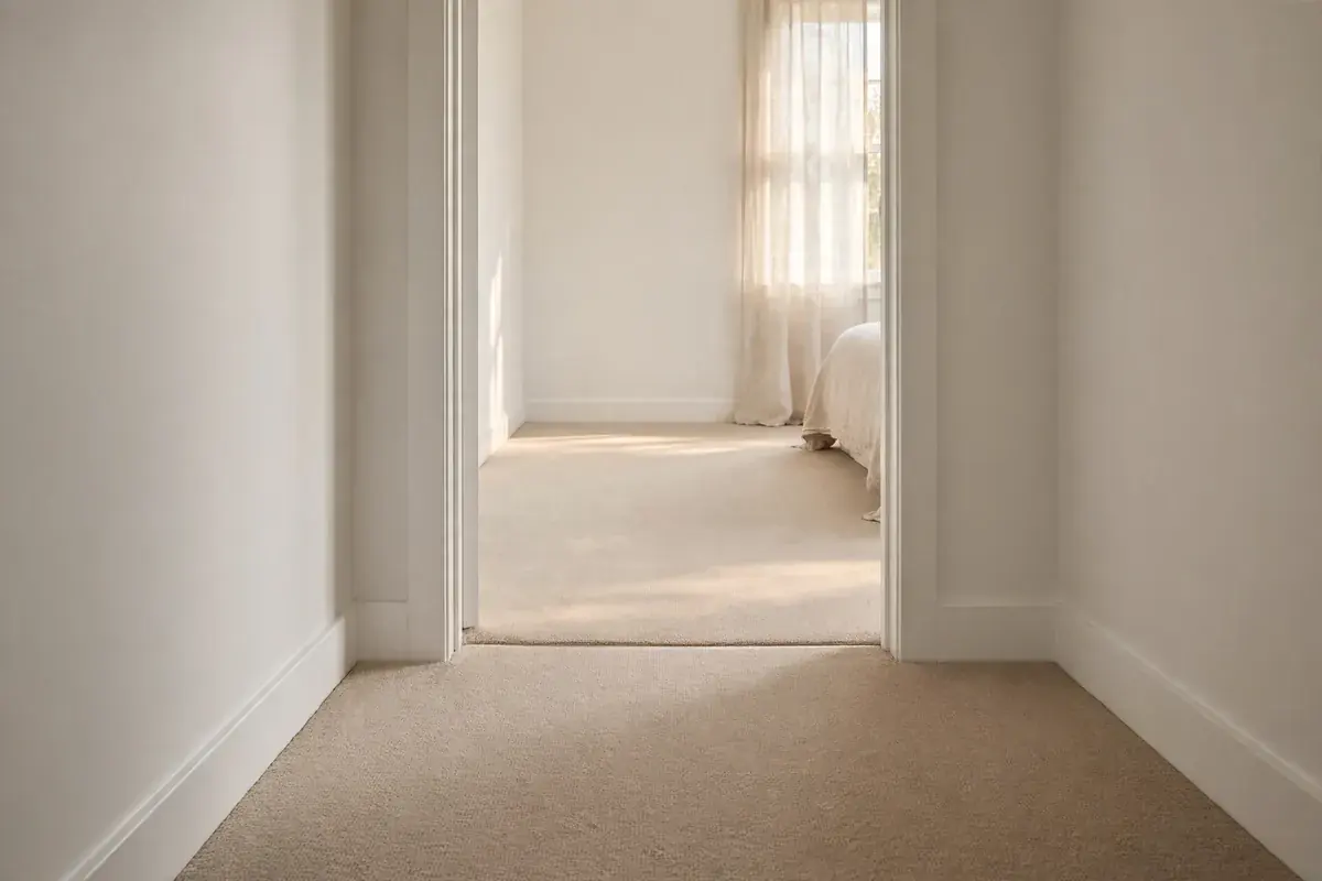 Hallway with smooth tight beige carpet running through a doorway threshold