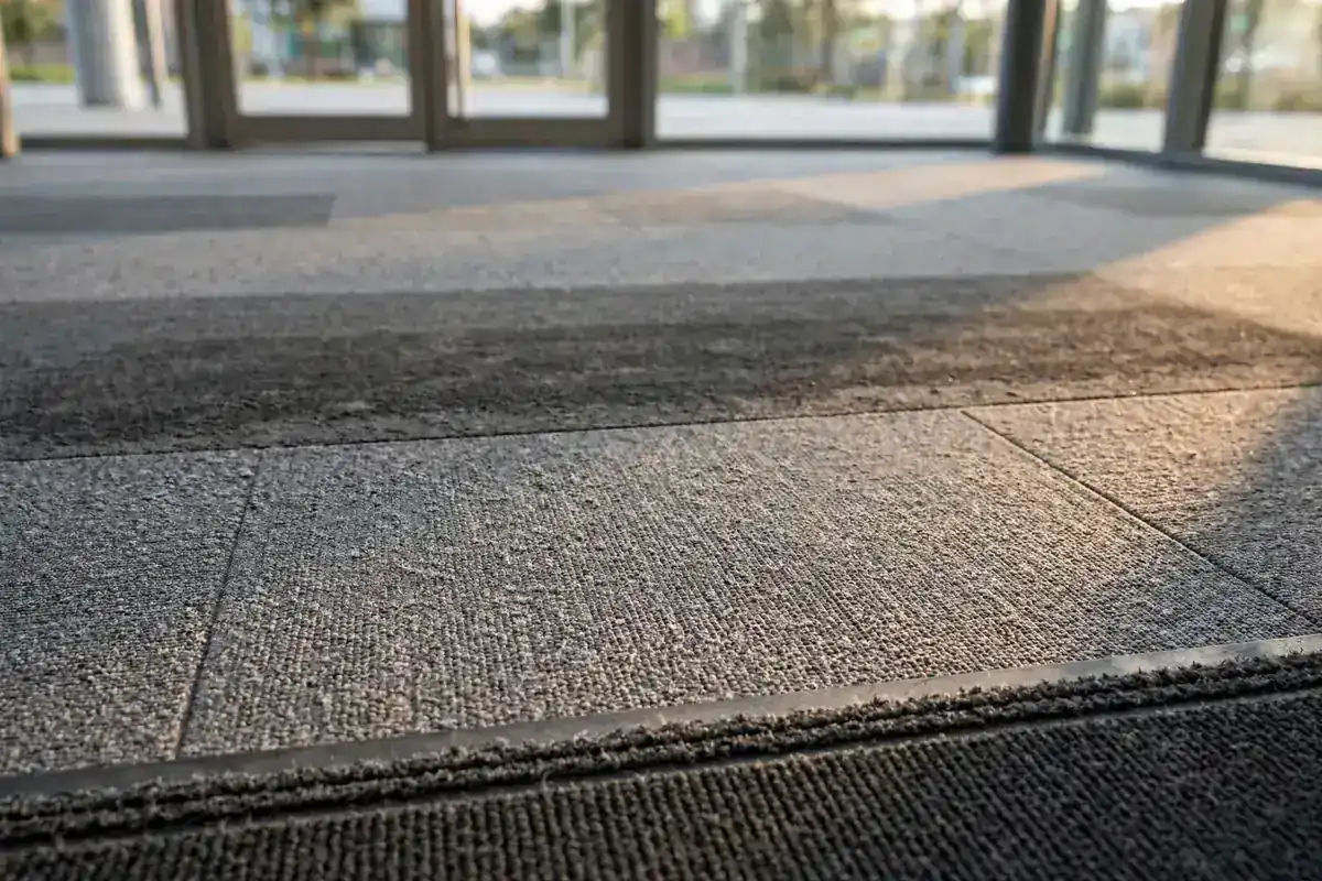 Gray commercial carpet at a glass entrance with a darker traffic lane