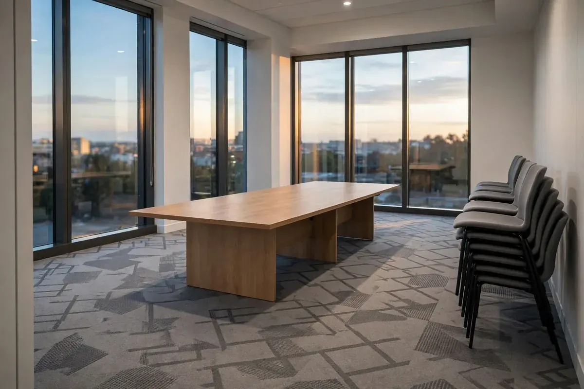 Empty office conference room with chairs pushed aside and clean patterned carpet