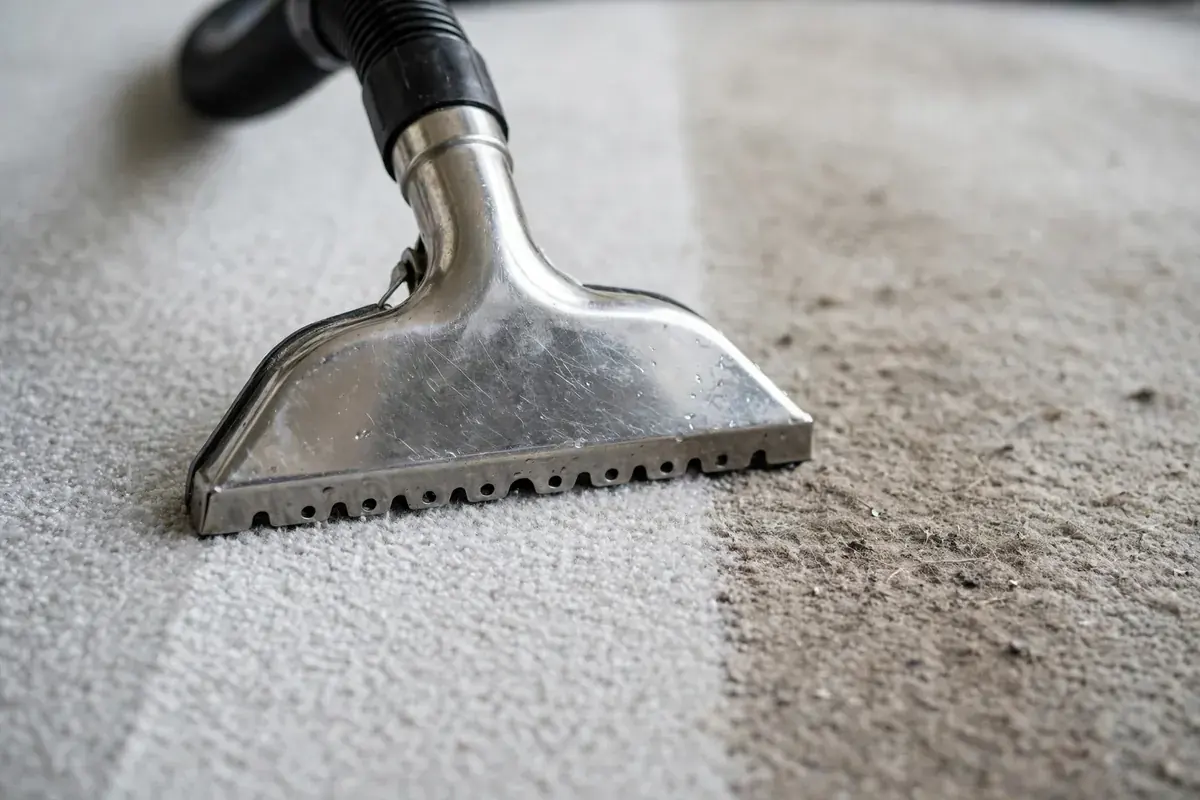 Extraction wand head leaving a clean stripe across gray carpet beside an untouched stripe