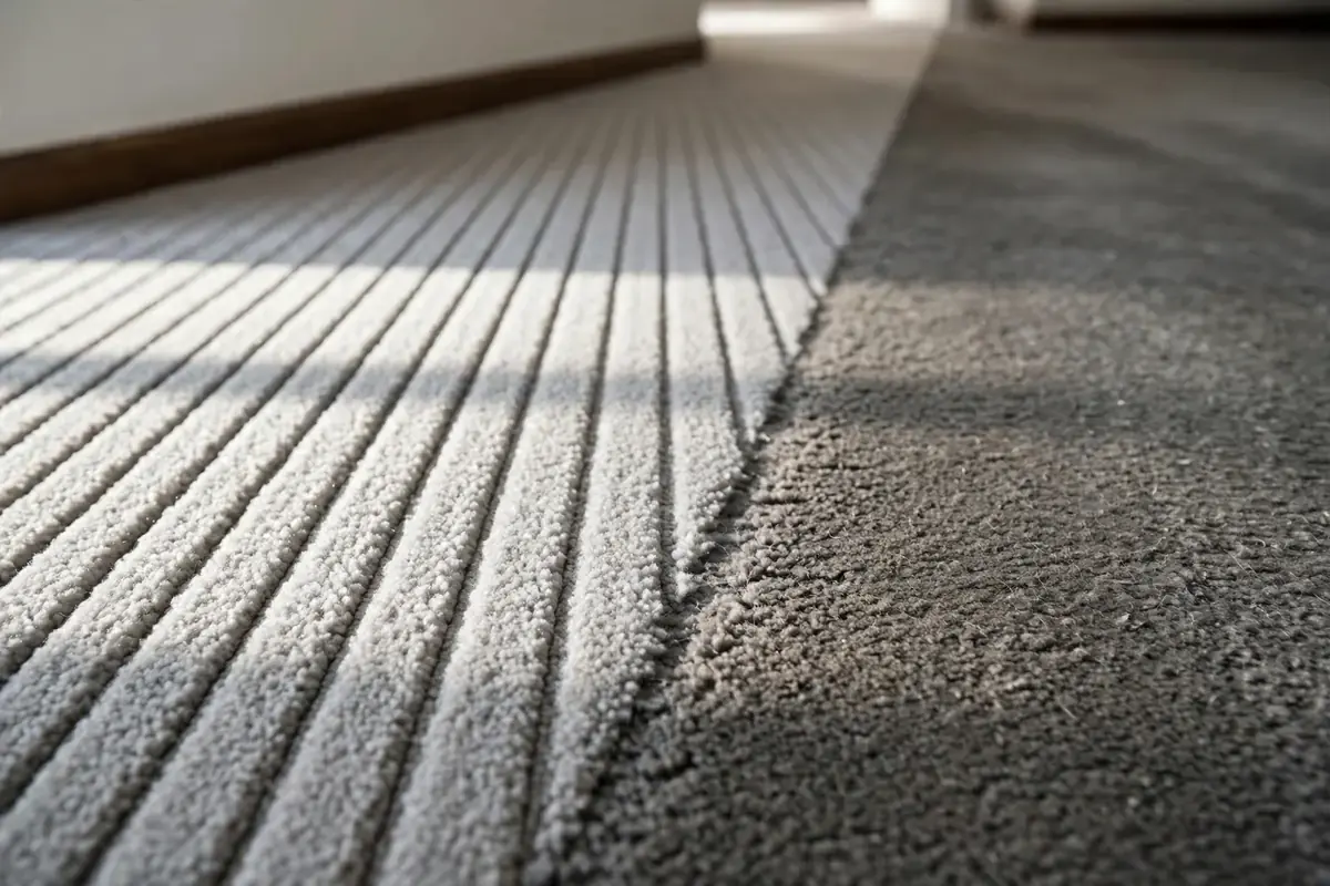 Gray carpet pile with vacuum lines beside a flattened darker traffic lane
