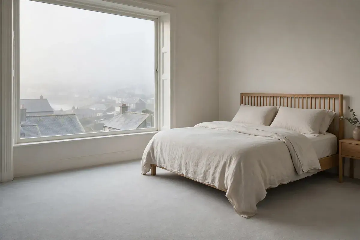 Gray carpeted bedroom with a window showing soft coastal fog