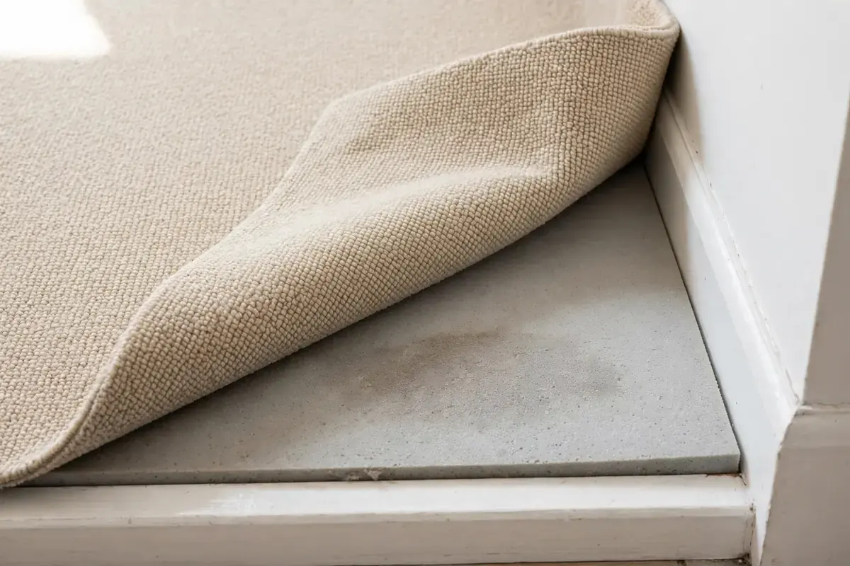 Carpet corner folded back to show the pad beneath along a baseboard