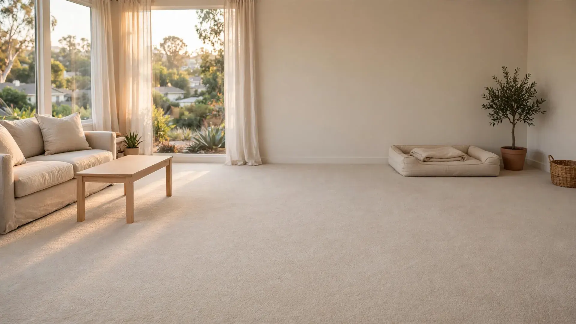 Clean beige carpet in a sunny Oakland living room with a dog bed in the corner