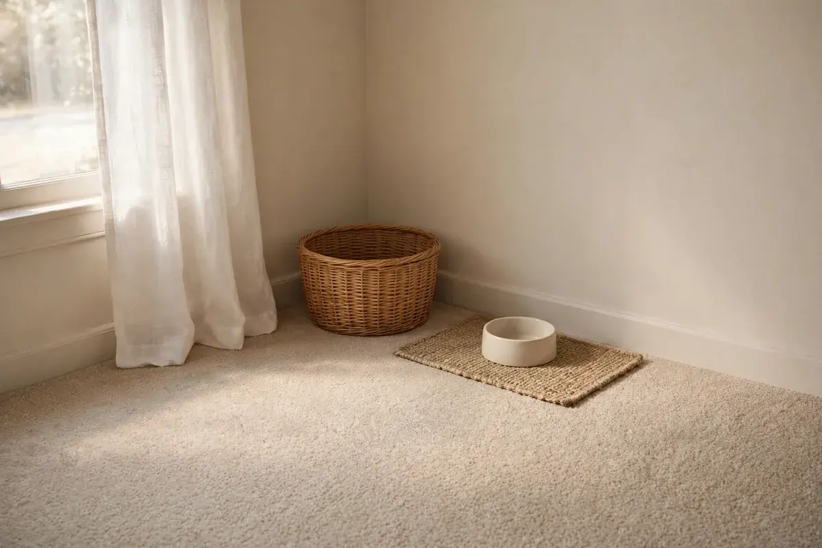 Bedroom corner with beige carpet, a wicker basket and an empty pet bowl