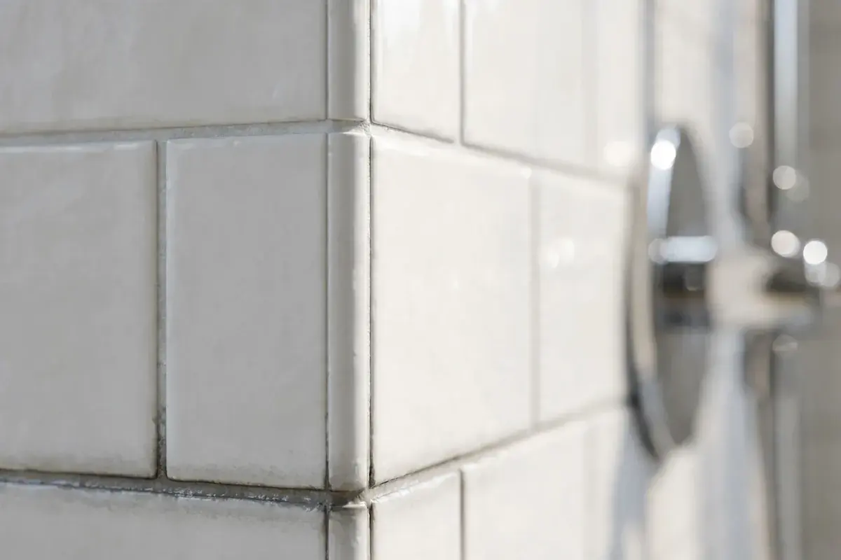 Shower wall tile corner with slightly darkened grout lines near the base