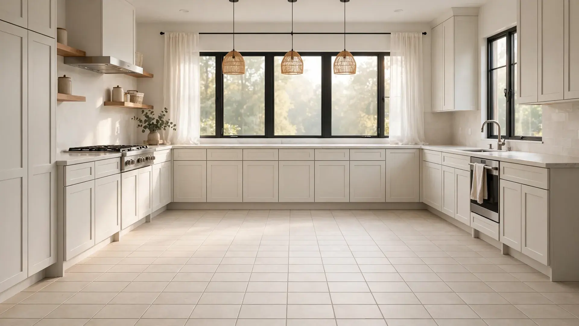A bright kitchen with clean light porcelain floor tile and even grout lines