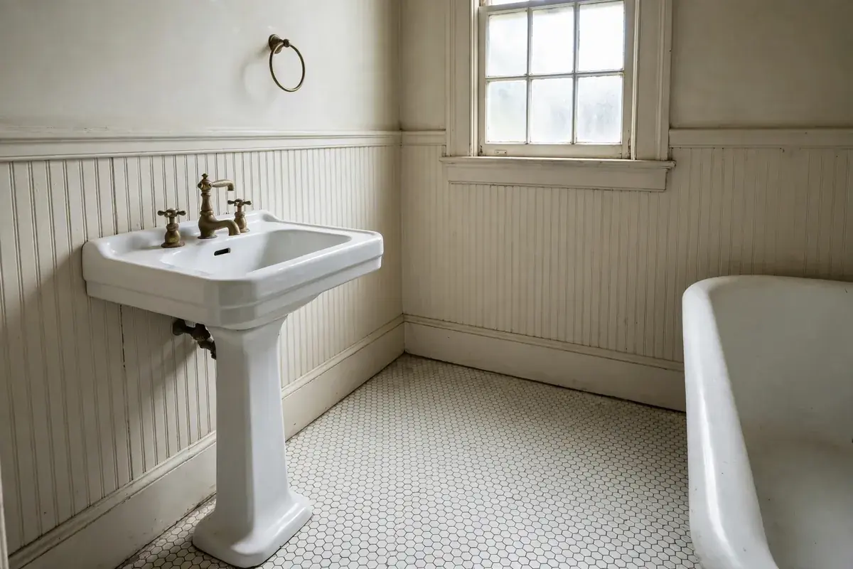 1920s bathroom with hexagonal tile floor, pedestal sink and small frosted window