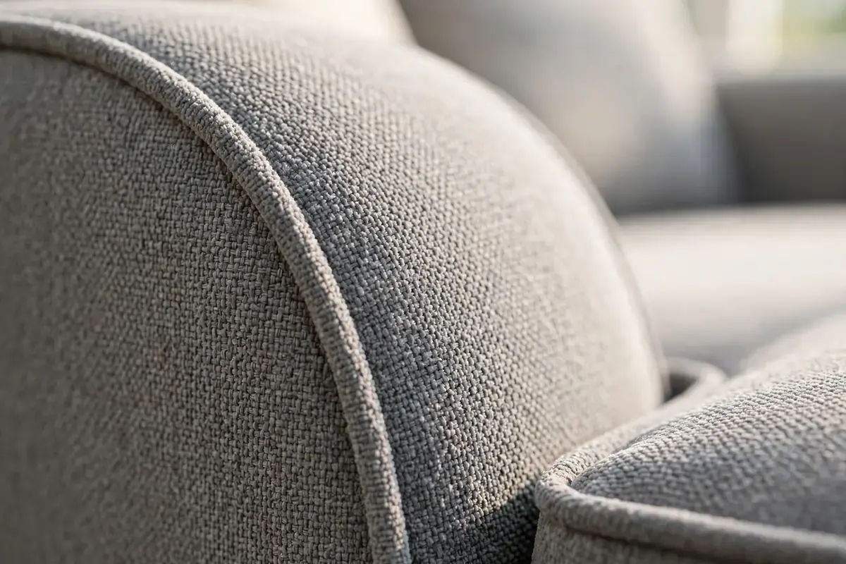 Gray microfiber sofa arm showing the fabric weave and piped seam
