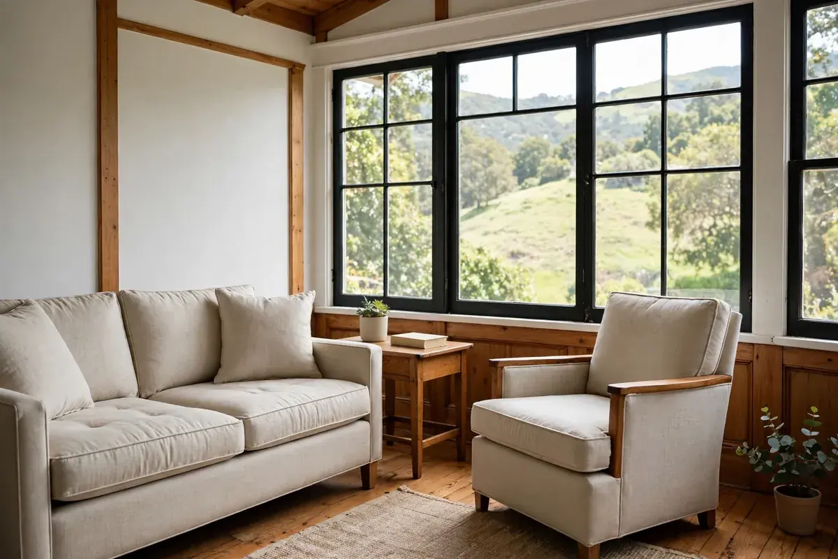 Sunroom with an oatmeal loveseat and armchair beside a window